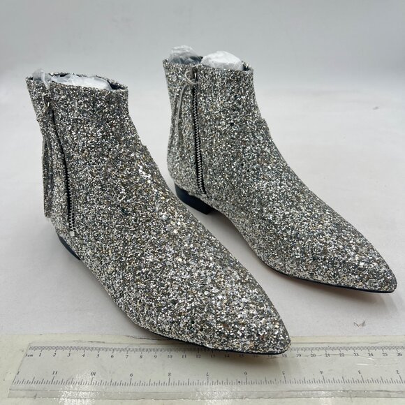 XYD Silver Glitter Pointed Toe Ankle Boots Low Heel Double Side Zippers Shoe - Picture 4 of 8